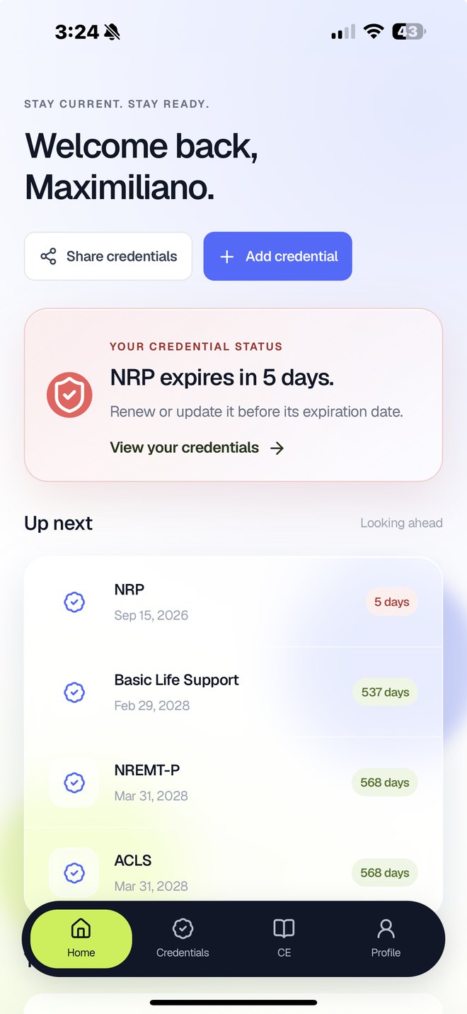 The CurrentCert home screen reading NRP expires in 5 days.