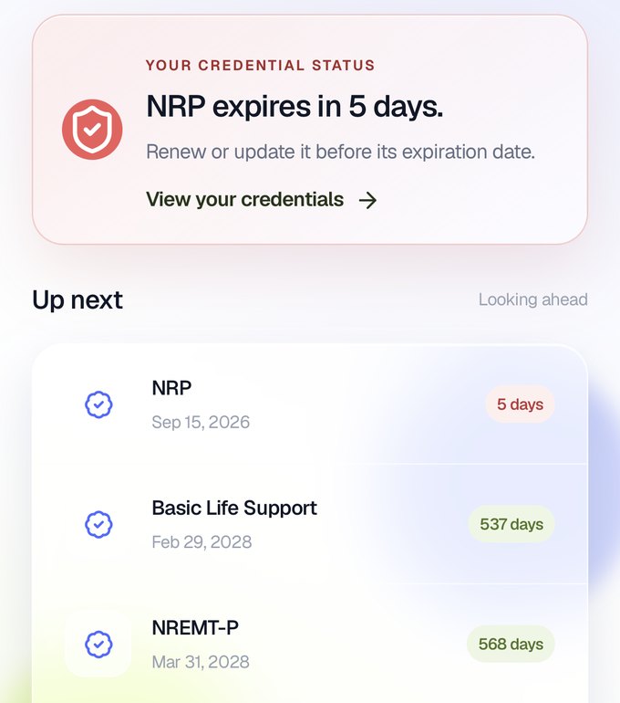 The CurrentCert home screen reading NRP expires in 5 days, with NRP at the top of the Up next list.