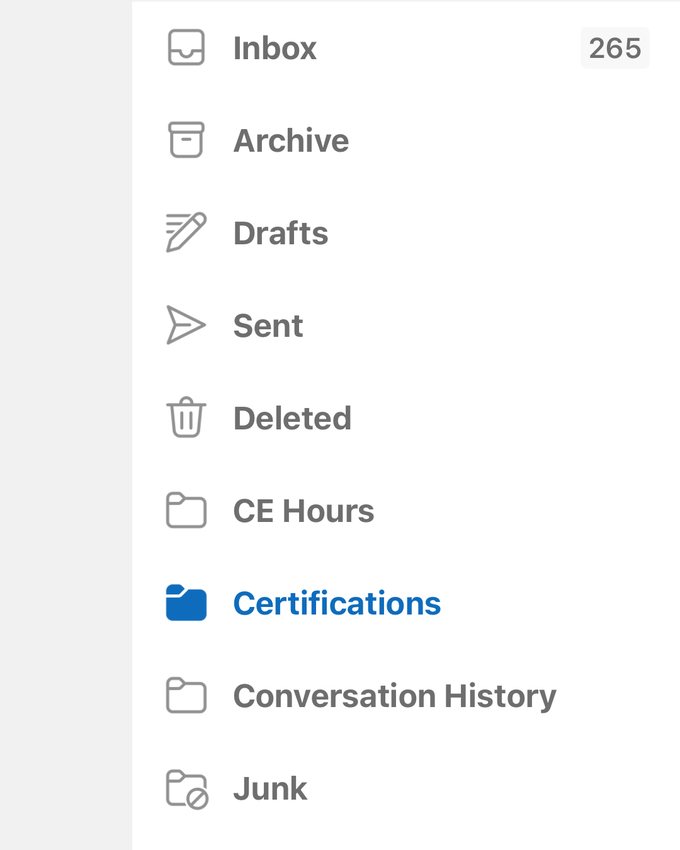 An email folder list containing separate CE Hours and Certifications folders.